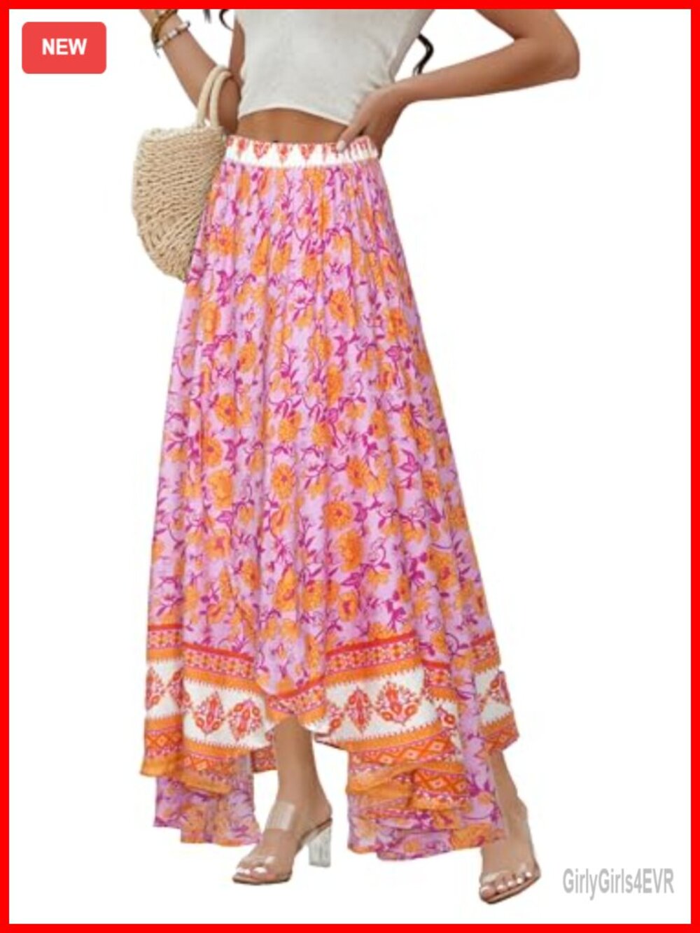 Boho A-Line Maxi Skirt High Waist Elastic Flowy High-Low Slit Rayon
